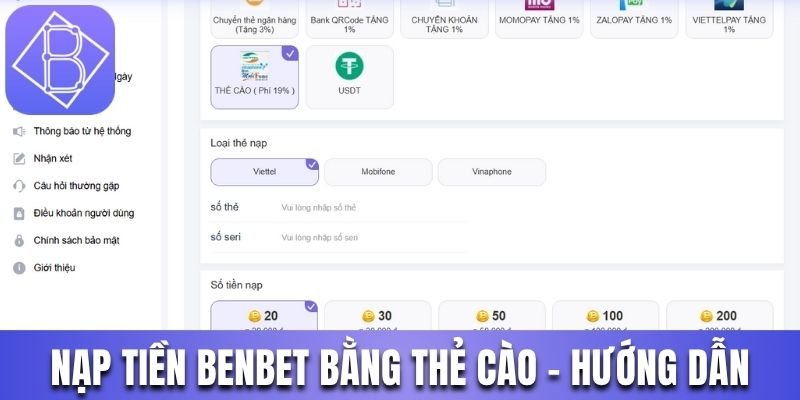 Nạp tiền Benbet bằng thẻ cào
